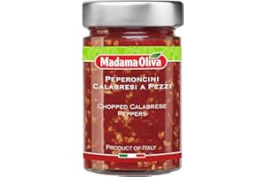 MADAMA OLIVA, Peperoncini Calabresi, Peperoni Piccanti Calabresi Tritati Sott'Olio di Girasole, Senza Aggiunta di Conservanti, 100% Made in Italy, Vaso in Vetro da 310 gr
