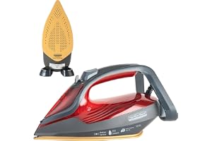 Hamilton Beach Fully-Automatic Steam Iron with iSense Technology, Steam Iron, Intelligent Auto-Temp, iron for clothes, Ceramic-Coated Soleplate with 5-Year Warranty, Auto Standby, 45g/min Steam, Red