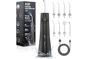 AUIEI Idropulsore dentale senza fili, irrigatore orale con 5 modalità e 8 ugelli, water flosser elettrico impermeabile IPX7 con serbatoio da 300 ml per casa e viaggio, Nero