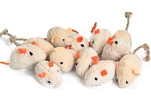 emours 12 Piece Pack Rattle Furry Mice Cat Toy Realistic Fur Mice Squeak Toys (Variegated)