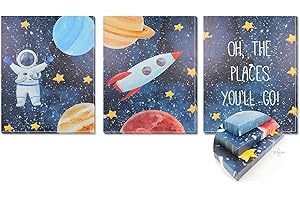 TIME HOME DEVELOPMENT Set di 3 quadri con cornice decorativa in tela stampata per bambini, per decorare le pareti della camera da letto dei bambini, con telaio in legno, 3 quadri, dimensioni 40 x 50 cm (Astronauta).