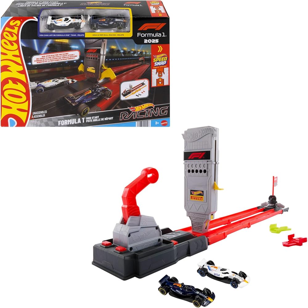 Hot Wheels F1 Hızlı Başlangıç Pisti- Yenilenen Arabalar, 1:64 ölçekli Oracle Red Bull Racing ve Visa Cash App Racing Bulls Formula 1 Takımı araçları, JNN35