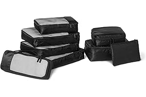 Amazon Essentials 8-teiliges Packwürfel-Reisezubehörset, Gepäck-Organizer mit Doppelreißverschluss, 100% Polyester, Mehrere Maße, Schwarz