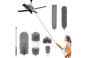 LAPONO Plumeau Poussière Télescopique 7pcs Microfibre Nettoyage Kit avec Poignée Inoxydable Lavable Têtes Amovibles Balai Antipoussière pour Plafond Rideau Ventilateur Toiles d'araignée Stores