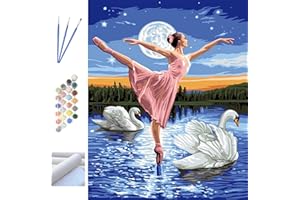 METUU DIY Peinture à l'huile par numéros pour adultes et enfants, Pigments acryliques Peinture colorée par numéro sur toile pour débutant 16 x 20 pouces - Le lac des cygnes et la danseuse (sans cadre)