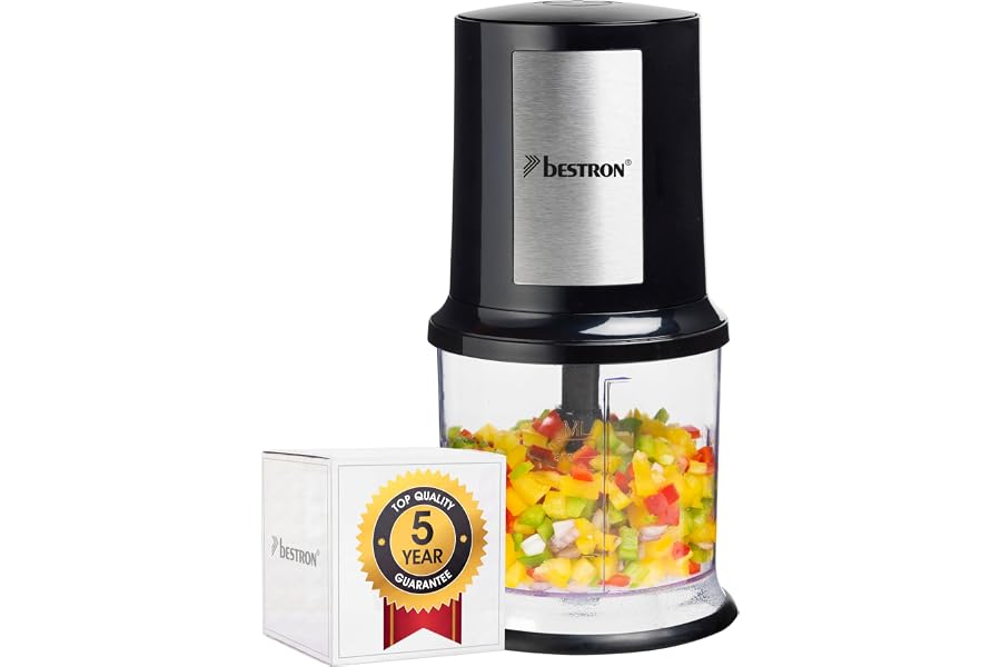 Bestron Electric Chopper, Universal Chopper with Two Cutting Knives and 500ml Capacity, Large Push Button 400 Watt Silver