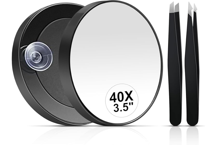 MIYADIVA 40X Magnifying Mirror, Small Magnifying Mirror with Suction Cup and Tweezers, As a Travel Essentials, Compact Mirror Set for Plucking Eyebrows 3.5 Inches