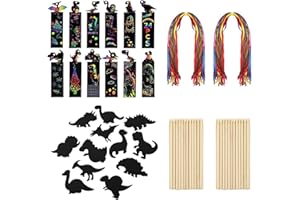 FRALNFIT Rainbow Scratch Art for Kids, 48Pcs Magic Bookmark for Children, Colorful Scratch Party Bag Filler, Dinosaur DIY Scratch Paper with Wooden Stylus & Ribbon for Classroom Birthday Gift