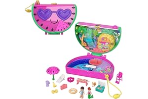 Polly Pocket Schatulle, Wassermelone in Pool-Party Thema, mit 12 Zubehörteile wie 2 Puppen (1 Meerjungfrau), Sonnenschirm und Liegestuhl, Spielzeug ab 4 Jahren, HCG19