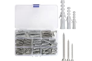 MOROCKET 140 Pcs Screws And Wall Plugs Set, Wall Plugs And Screws In Stainless Steels, Plaster Board Screws And Wall Plugs Set With 70 × Grey Raw Plugs And 70 × Screws, M3/M4/M5/M6/M8