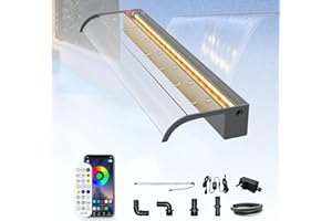 ‎LONGRUN LONGRUN 90cm Teich Wasserfall Klingen Set, Acryl Gebogener Wasserfall Überlauf, Außenpool Brunnen mit 7 Farben Bluetooth LED Lichtern und Fernbedienung, Breite 26cm