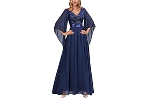 MIUSOL Women's Elegant Sequin Insert Lace Sheer Chiffon Deep V Neck Flare Sleeve Evening Prom Formal Long Dress