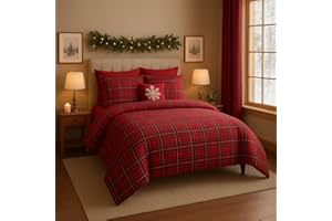 INTRECCI Parure Copripiumino Natalizio Tartan Scozzese Rosso Matrimoniale, Set Sacco Piumino e Federe in Puro Cotone Fantasia di Natale Tartan Parure Letto 2 Piazze