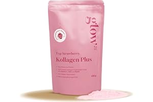 ‎GLOW25 Glow25® Collagen Plus Pulver Strawberry [450g] – Kollagen Hydrolysat mit Vitamin C, Zink und Biotin – Peptide Typ 1 und 3 – Speziell für Wasser entwickelt – Mit Erdbeer-Geschmack