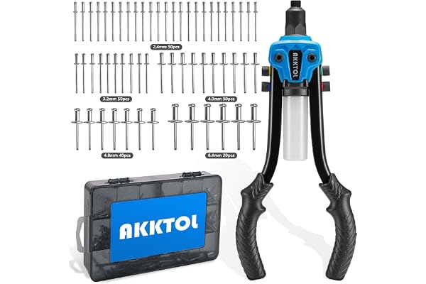 AKKTOL Pince a riveter pop 33cm ensemble 5en1 avec 210 rivets alu pour rivets aveugles Ø 6.4 à 2.4 mm en acier inoxydable alu | Riveteuse manuelle professionnelle