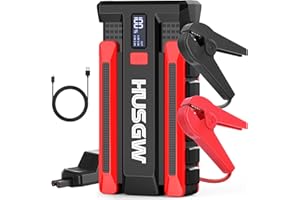 Husgw Booster Batterie Voiture (Jusqu'à 7L Essence ou 5.5L Diesel), 12V Démarreur de Voiture Portable, Jump Starter avec Éclairage Modes Lumière LED, Grand Écran, Pinces de Sûreté Intelligentes