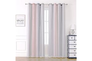 KAHEAUM Rideaux Chambre Fille Enfant,2 Pièces Rideau Occultant Thermique avec Blanc Voile Double Couches Décoration pour Salon Maison Fenêtre Motif Forme Etoiles à Oeillets,L132 sur H213 cm,Rose Gris