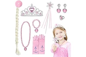 CAPANEUS Princesse Accessoires Filles，Déguisement Princesse Fille avec Baguette Magique, Gants ,Tresse ,Perruque, Couronne ,Collier ,Bracelet, Bague ,Boucles d'Oreilles pour Fête d'anniversaire Carnaval Halloween 3-10 ans