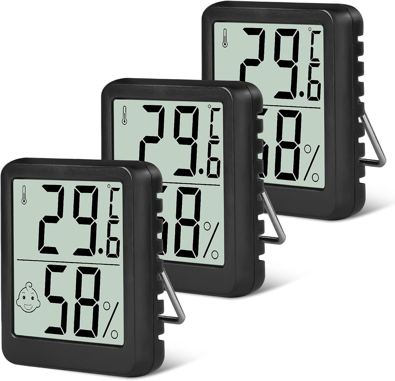 Flintronic Thermometer Hygrometer, 3PCS Digital Mini Thermometer and Hygrometer with Metal Stand, Thermohygrometer with Smile Face Indicating Data for Indoor, Living Room, Baby Room, Office (Black)
