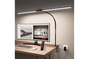 Jeebel Lámpara de Escritorio Pinza LED 24W 80cm Lampara de Doble Cabezal con Pinza 9.5cm, Mando Distancia, Giratorio 360°, 1800LM Luz Ordenador para Pintar, 10 Temperatura Color 10 Niveles Brillo