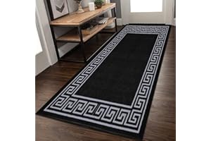 Rugs Shop Door Mats Indoor Non Slip Mat Carpet Runners for Hallways Geometrical Border Low Profile Washable Runner Rug for Kitchen, Front Door Hall Hallways Living Room (80 x 150 cm, Dark Grey Cream)
