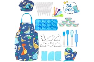 Aoskie Kids Baking Set with Dinosaur Apron, Chef Hat, 34Pcs Children's Baking Kit Role Play Toys for 3 4 5 6 7 8 Year Old Boys (Blue)