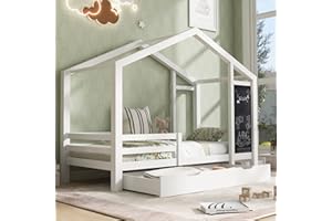 JIAOYU Cama de casa 90 x 200 cm, protección contra caídas y somier, cama infantil Montessori de madera maciza de pino, cama juvenil para niñas y niños, cama de madera, espacio de almacenamiento, color blanco