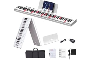 OYAYO Piano 88 teclas teclado de piano soporte teclado iluminado y MIDI Bluetooth, piano digital con pegatina de piano, soporte para notas para principiantes, niños, adultos o regalo (blanco)