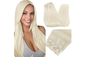 RUNATURE Extensiones de Clip Pelo Natural Cabello Humano Clip Extensiones Rubio Platino Extensiones de Cabello Natural Clip Pelo Liso 14 Pulgadas/35cm 7 Piezas 120g #60