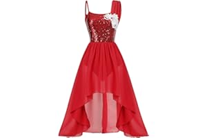 IMEKIS Women Lyrical Dance Dress Sleeveless Sequin Gymnastics Leotard High-Low Skirt Contemporary Modern Ballet Dancewear Chiffon Ballroom Dancing Costume