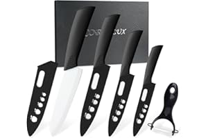 CORESLUX Couteau Ceramique Cuisine, Couteaux en céramique Couteaux de Cuisine (6" Couteau Chef, 5" Couteau Utilitaire, 4" Couteau à Fruits, 3" Couteau à éplucher, Éplucheur pour Fruit et Légume)
