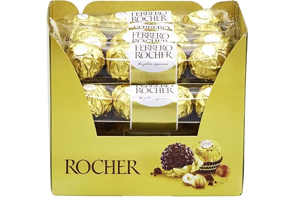 Ferrero Rocher – diskdisplay med 16 förpackningar à 4 individuella praliner, nötpraliner gjorda av krispig våffel, delikat mjölkchoklad och fin hasselnötskräm – fyllning