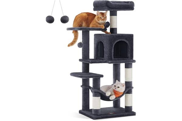 Feandrea Rascador para Gatos, Árbol para Gatos, Altura 112 cm, Torre con 4 Postes, 2 Plataformas, 1 Cueva, 1 Hamaca, 2 Pompones, Tela de Felpa, Multinivel, Gris Ahumado PCT261G01