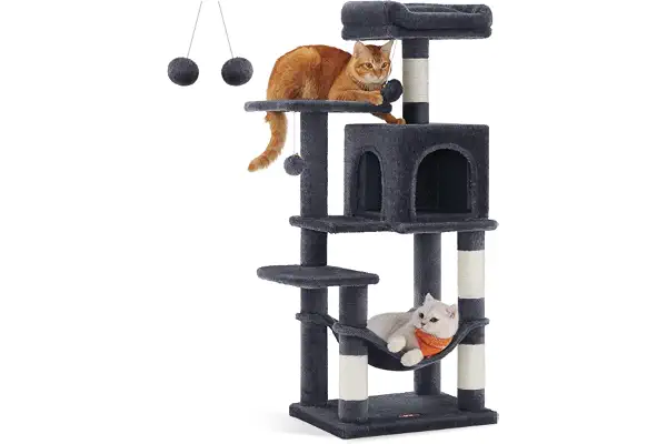 Feandrea Rascador para Gatos, Árbol para Gatos, Altura 112 cm, Torre con 4 Postes, 2 Plataformas, 1 Cueva, 1 Hamaca, 2 Pompones, Tela de Felpa, Multinivel, Gris Ahumado PCT261G01