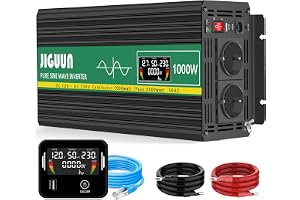 JIGUUN 1000W inverter 12V 230V ren sinus spänningsomvandlare | 2 EU-uttag & 2.1A USB-utgång Trådlös fjärrkontroll och LCD-display Peak Power 2000W för lastbil Camping Emergency