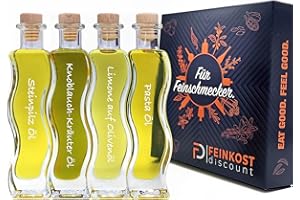 ‎FD FEINKOST DISCOUNT Geschenkset BOX & Probierset | 4 x 100ml Öl | Mann und Frau | Steinpilz Öl - Olivenöl Limone - Knoblauch-Kräuter Öl - Pasta Öl | Feinkost Set …