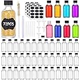 MMonDod (Pack of 72) 2oz Small Clear Glass Bottles(60ml) with Lids Boston Round Travel Bottles for Vanilla Hot Sauce Juice Whiskey Liquid come with 72 Labels,5 Funnels,5 Droppers,1 Brush