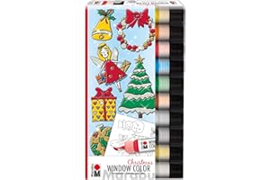 ‎MARABU Marabu 0406000013894 - Window Color Christmas Set, 10 Fenstermal-Farben á 25 ml und eine Mal-Vorlage mit 20 Motiven, Farben auf Wasserbasis, geeignet für Glas, Spiegel, Fliesen und Folie
