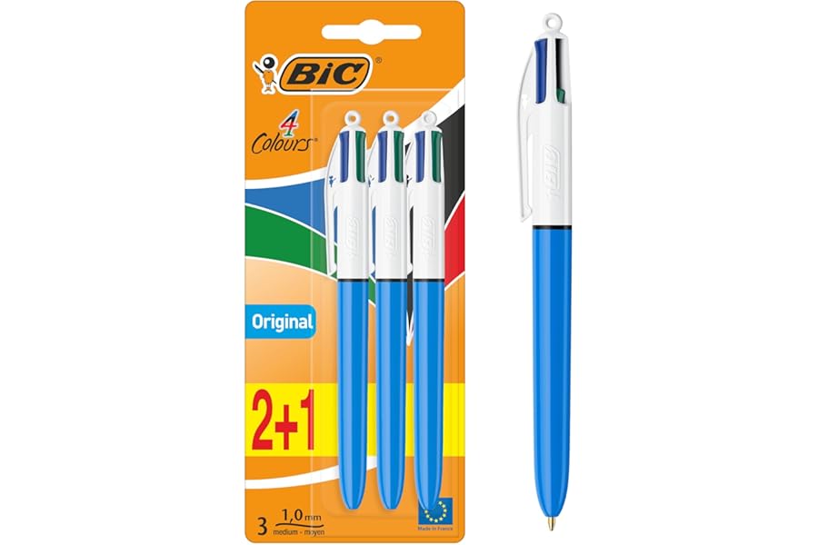 BIC 4 Colours Pens Multicolour Original - Retractable Ballpoint Pens - Pack of 3