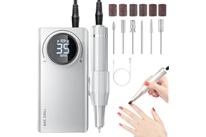 Electric Nail Drill, AISEELY Professional Electric Nail File 35000RPM Portable Rechargeable Powerful Nail Machine Manicure Drill Set with 6 Sanding Bits for Salon & Home Use, Silver
