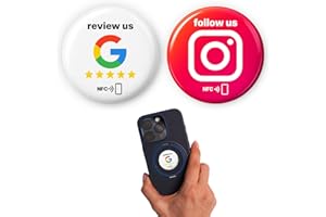 EINFACHSACHEN English Mix Set: 1 pegatina para Google NFC + 1 pegatina Instagram NFC, "Review us" y "Follow us", autoprogramable, adhesivo 3M, reutilizable, 3 cm de diámetro, Boost Engagement on Google e Instagram
