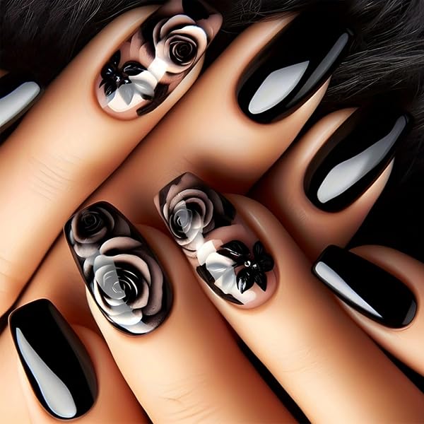 RUNRAYAY 24-teiliges Fake-Nagel-Set, Mandelform Mit Schwarzen Punkten – Inkl. Kleber, Feile & Stäbchen