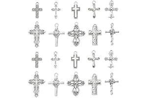 Stiesy 100Pcs 10 Styles Crucifix Charms Tibetan Silver Cross Charms Antique Style Dangle Charms for Jewelry Making DIY Crafts Gift