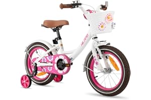 HH HILAND HILAND 12/14/16 Inch Petal Kids Bike, Bicycle for Girls with Basket and Bell, Girls Bike with Stabilisers, Pink/Purple/White