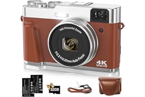Appareil Photo Numérique,Oiadek 4K 48mp Autofocus Caméra avec Carte Mémoire 32Go Zoom Numérique 16x,Appareil Photo Compact de 2,8 Pouces avec Tableau de Bord Rotatif et Viseur（Brown）