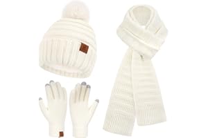 Bequemer Laden Femmes Hiver Bonnets Écharpe Gants Ensemble, Doublure Polaire Chaud Bonnet Pompon Longues Echarpes Gants Tactile Cadeau Femme Temps Froid