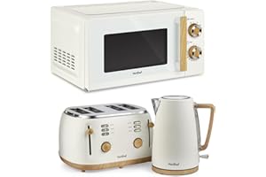 VonShef Microwave Kettle Toaster Set – Scandi Kitchen Set, 1.7L Nordic Rapid Boil Kettle, Wide Slot Toaster 4 Slice with 6 Browning Controls, and 20L Microwave with 6 Power Levels – Fika Range, Cream
