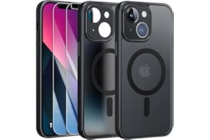 FLLAO Funda para iPhone 13, Compatible MagSafe, con 2 Piezas Protector de Pantalla Cristal Templado, [Protección de Cámara] Magnética Carcasa Translúcida Mate Trasera Fina Antigolpes, Negro