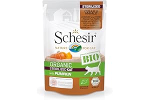 Schesir Bio - Aliment Complet Humide pour Chats Adultes stérilisés, pâté de Poulet et Porc avec Citrouille sans céréales - 16 sachets de 85 g (1,36 kg au Total)