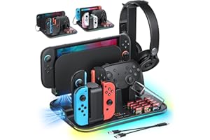 [Compatible Switch 2/1]FASTSNAIL Manette Chargeur pour Nintendo Switch 2/1/OLED pour Joycon, Support Switch 2 avec 9 modes RVB, Ventilateur, 12 emplacements pour cartes de jeu, Support pour casque